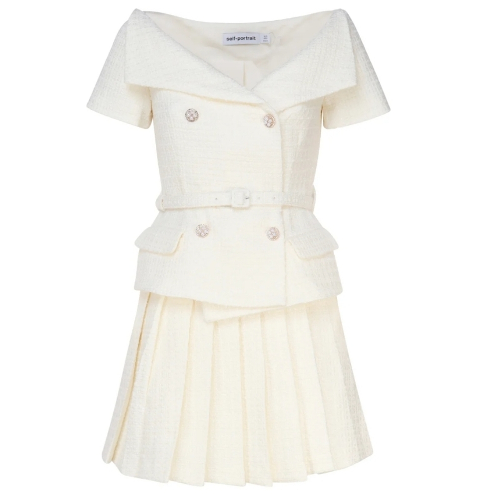 Self-Portrait Cream Off-Shoulder Tweed Belted Pleated Mini Dress